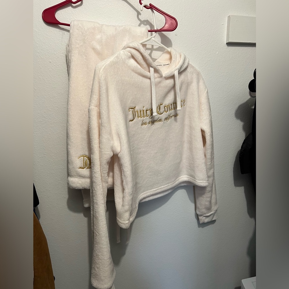 Juicy Couture Cream Plush Hoodie with Gold Script, never worn